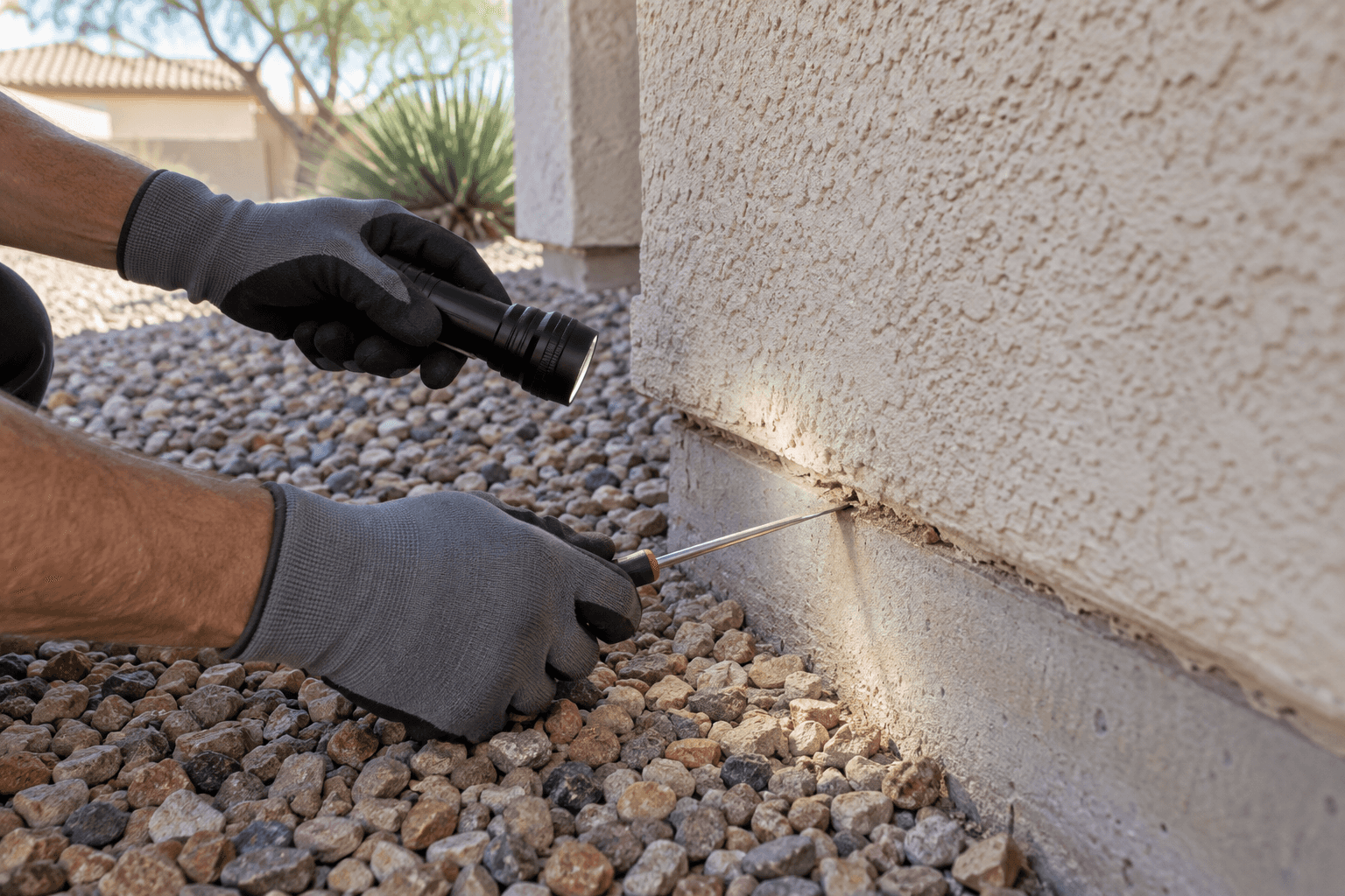 Illustrative unbranded inspector examining the foundation edge of a southwest home