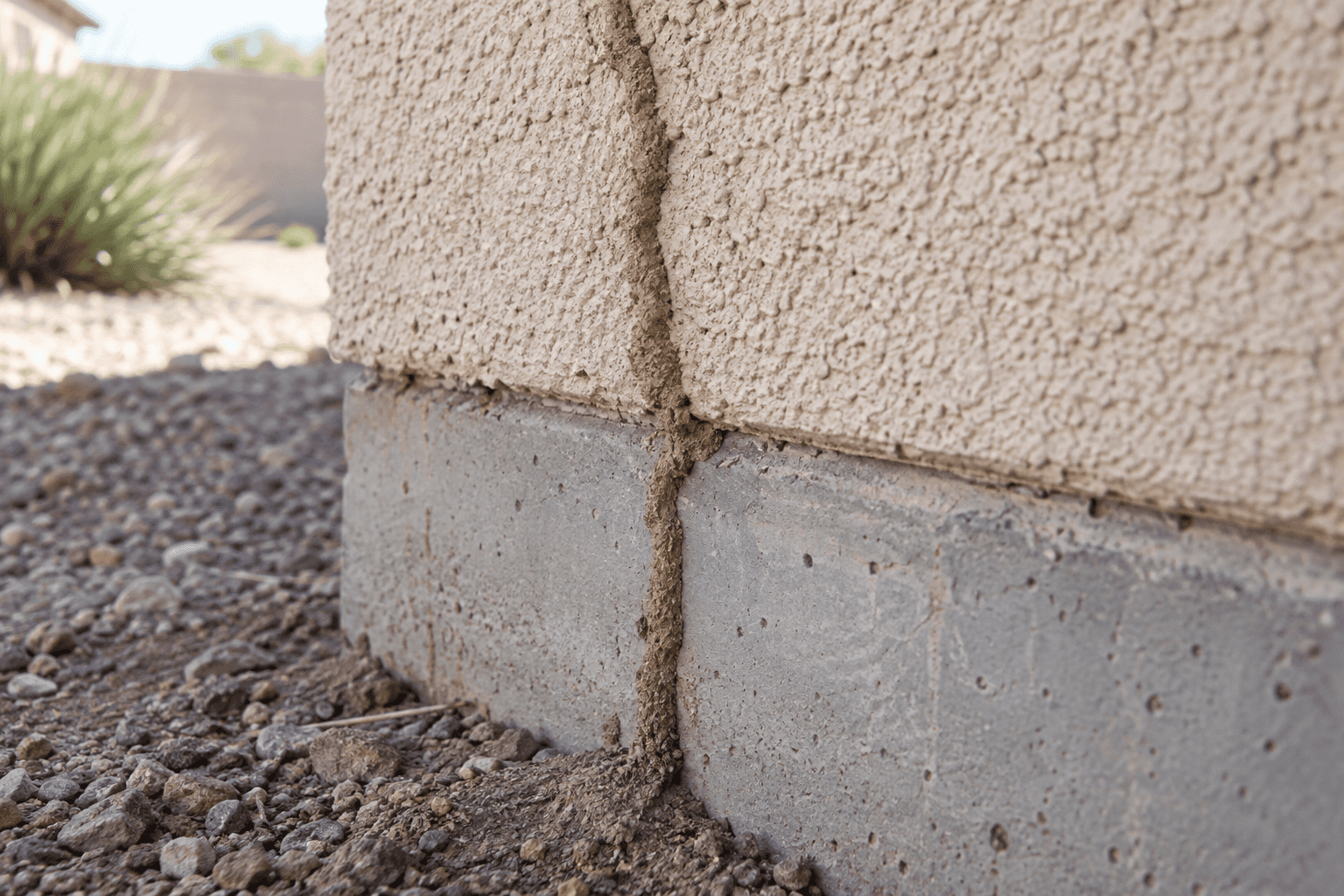 Illustrative close view of an earthen tube at a stucco and concrete foundation seam
